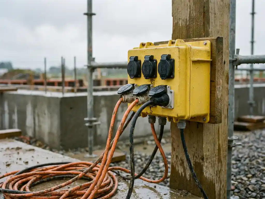 Gelber Baustromverteiler mit orangefarbenen und schwarzen Kabeln an einem nassen Baustellenpfosten, Stahlgerüst im Hintergrund.