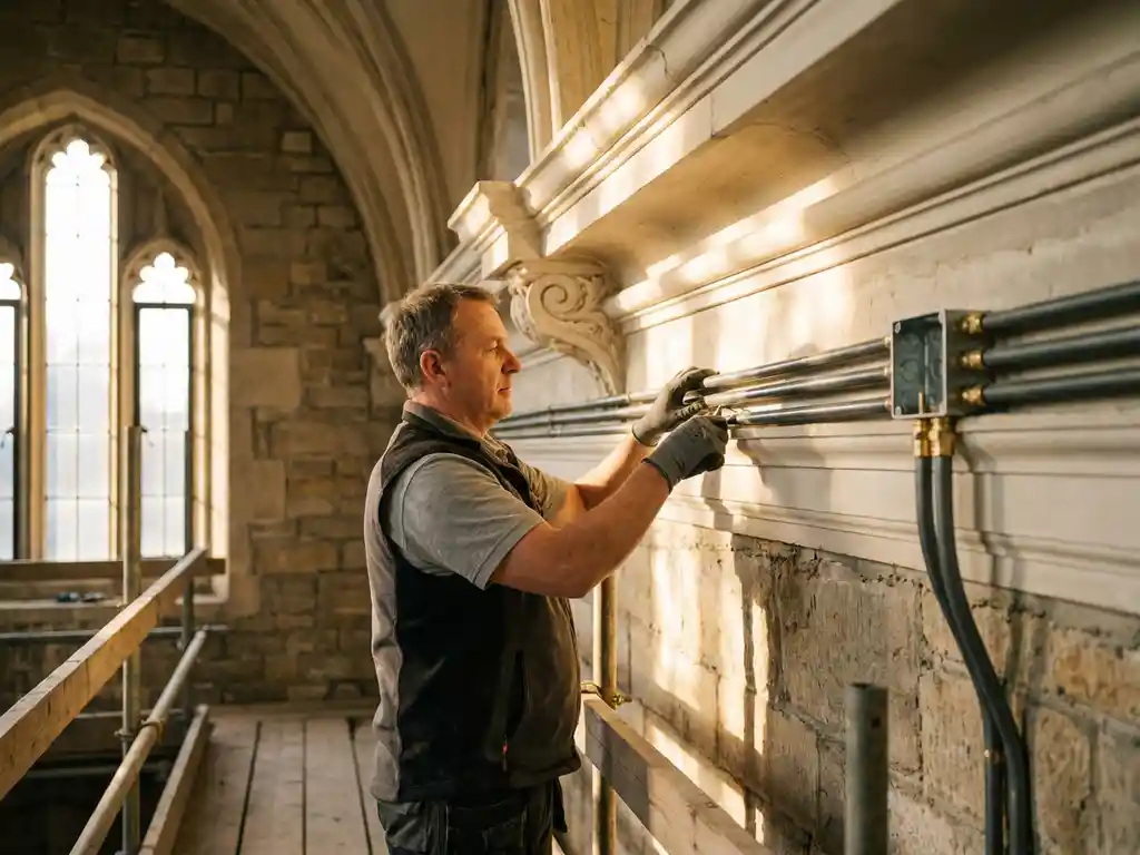 Elektriker verlegt moderne Leerrohre an einer verzierten Stuckdecke in einem historischen Gebäude mit Steinwänden und Bogenfenstern.