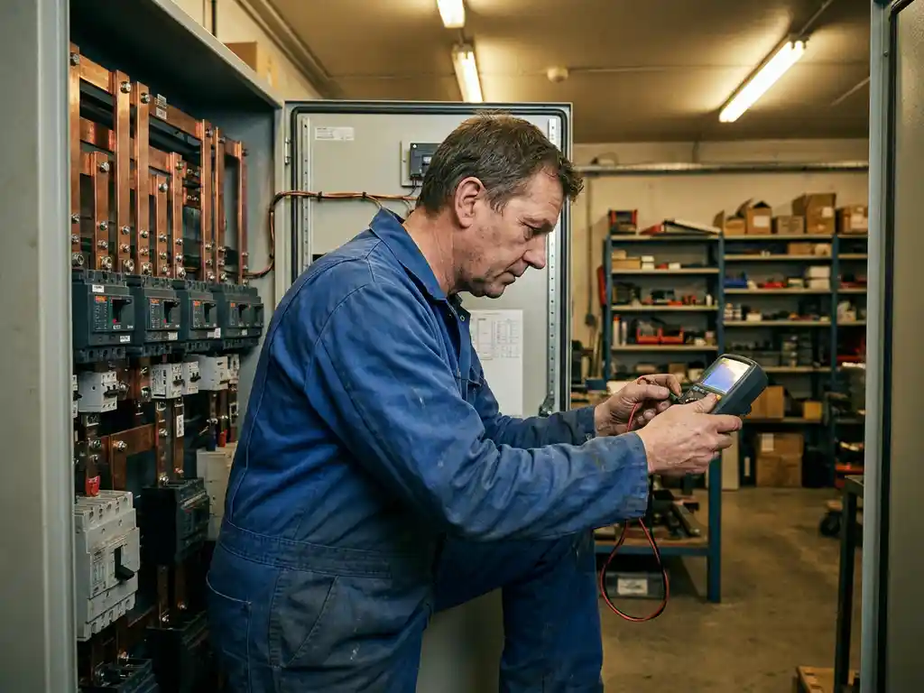 Techniker in blauer Arbeitskleidung prüft Stromverteiler mit Digitalmultimeter in Industriewerkstatt