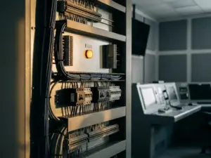 Industrieller Schaltschrank mit Kabelsträngen und Leistungsschaltern, einzelne leuchtende Bernstein-Kontrollleuchte im Vordergrund.