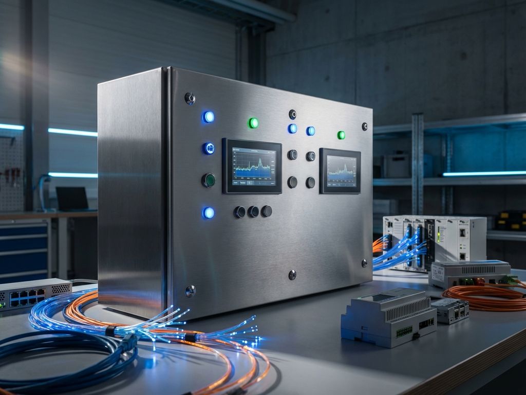 Modernes Elektro-Schaltpult mit LED-Anzeigen und Glasfaserkabeln in industrieller Arbeitsumgebung