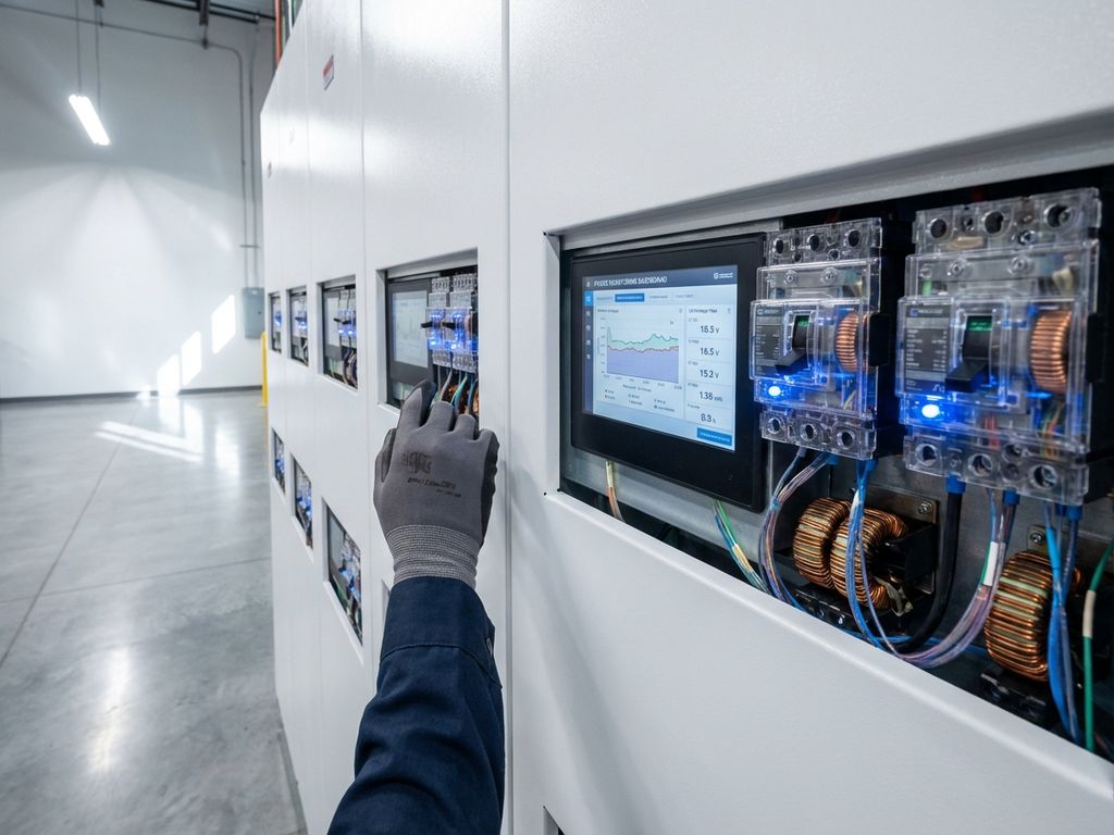 Modernes Elektroverteilerpanel mit digitalen Displays und LED-Anzeigen, Techniker bedient Touchscreen-Interface