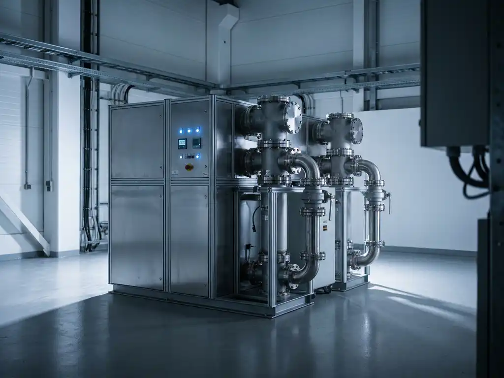 Gasisolierte Schaltanlage mit silbergrauen Gehäusen, Rohrverbindungen und blau leuchtenden Kontrollleuchten in einer modernen Industrieanlage.