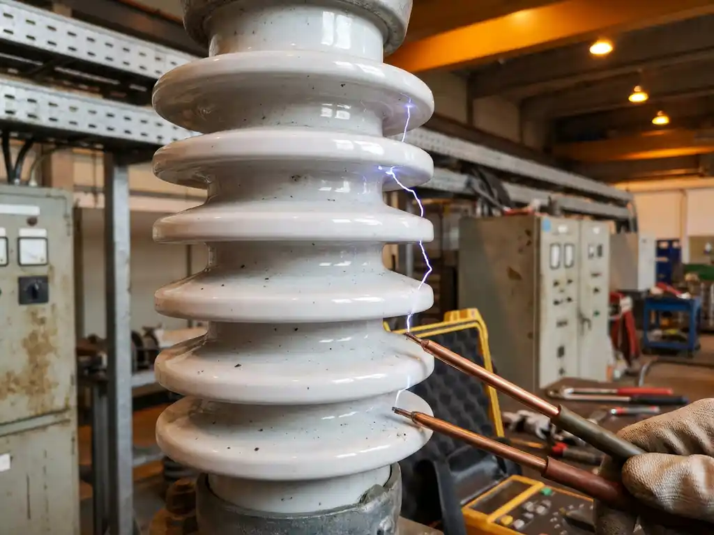 Hochspannungsisolator aus weißem Porzellan mit blauen elektrischen Lichtbögen zwischen Keramikrippen während Präzisionsmessung