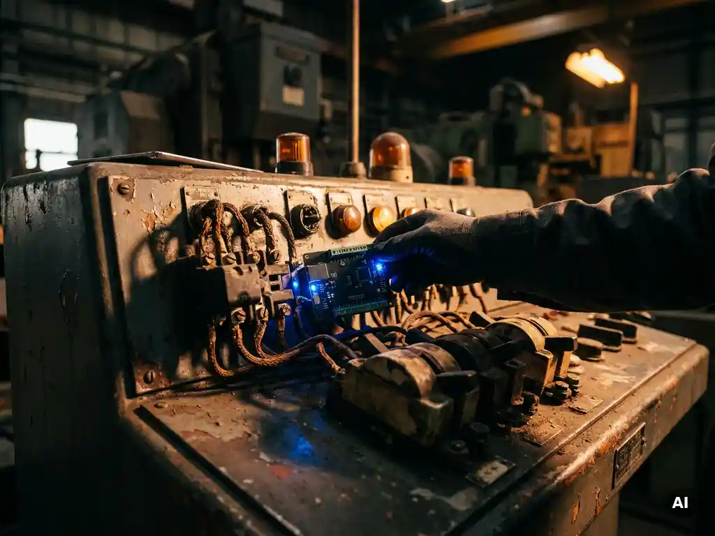 Techniker modernisiert veraltetes Industriesteuerungspanel mit neuer Leiterplatte, alte Kupferverdrahtung und moderne Elektronik sichtbar.