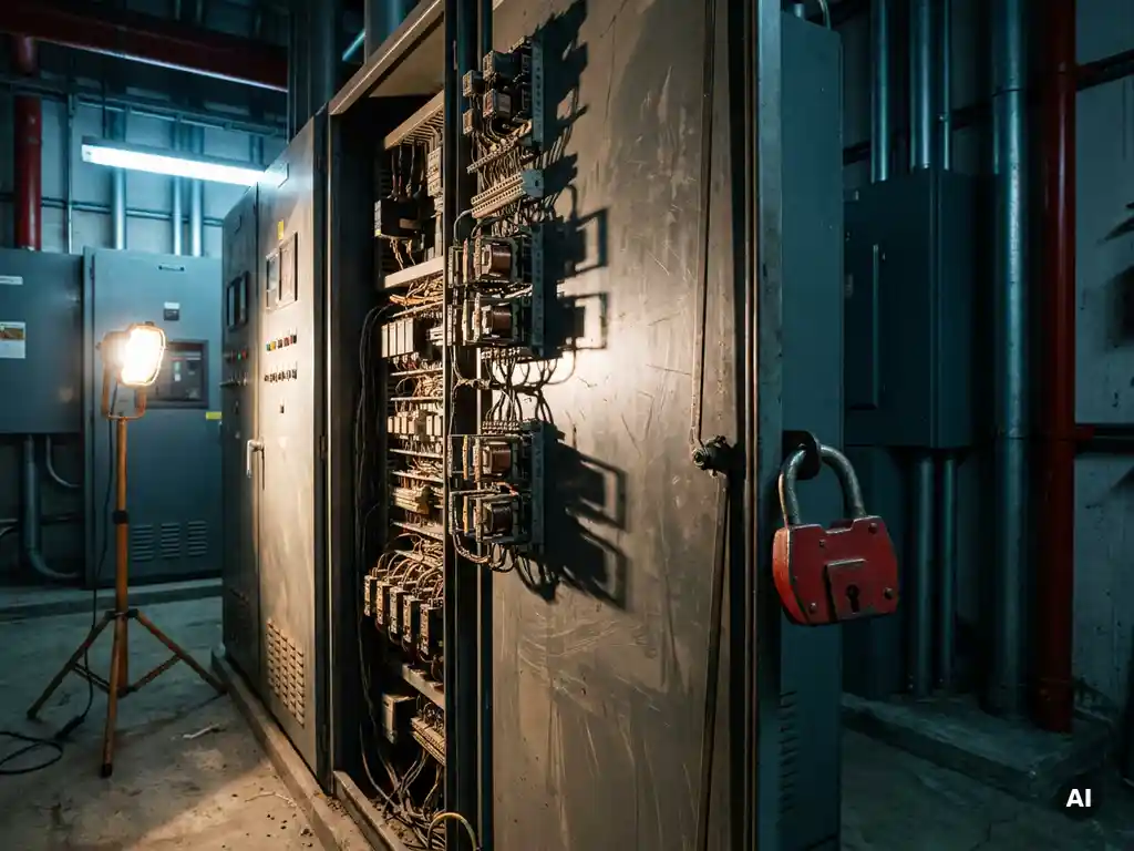 Industrieller Schaltschrank mit Relaismodulen und Kabelsträngen, rotem Vorhängeschloss an der Stahltür, in dämmrigem Schaltanlagenraum.