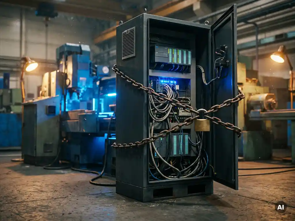 Industrieller Schaltschrank mit SPS-Modulen, gesichert durch Stahlkette und Vorhängeschloss, auf einer Fabrikhalle mit dramatischer Seitenbeleuchtung.
