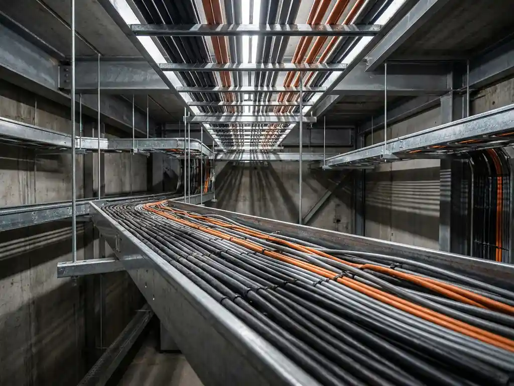 Industrielle Kabeltrassen aus verzinktem Stahl mit farbcodierten Elektrokabeln, montiert an einem Deckenraster in einer Industrieanlage.