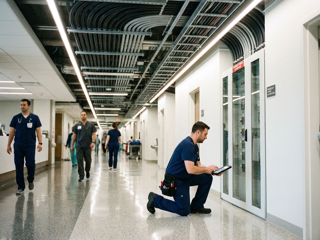 Krankenhauskorridor mit freiliegender Elektroinstallation an der Decke und Wartungstechniker am medizinischen Schaltkasten
