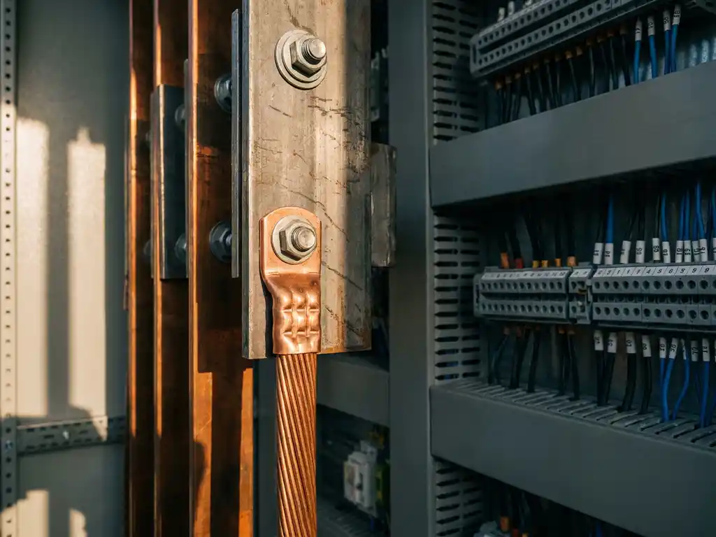 Kupfer-Erdungsleiter an Stahlsammelschiene in Elektroverteilerschrank mit Kabelkanälen und Klemmblöcken im Hintergrund.