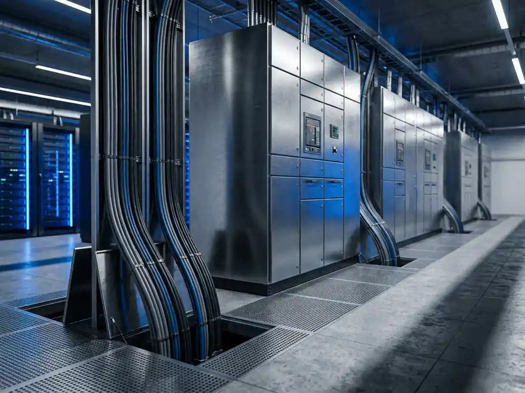 Elektrische Schaltschränke und Stromverteilungspanele in einem modernen Rechenzentrum mit gebündelten Kabeln und blau beleuchteten Serverracks.