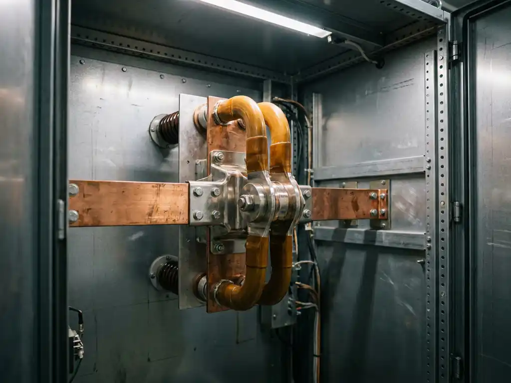 Industrieller Sammelschienenkupplungsschalter zwischen zwei Kupferschienen in einem Hochspannungsschaltfeld mit präzisen Ingenieursdetails.