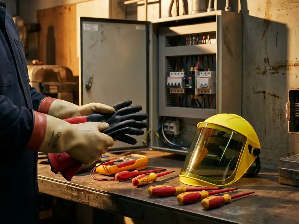Elektriker mit Isolierhandschuhen neben gelbem Lichtbogenschutzschild und spannungsgeprüften Werkzeugen an einer Werkbank vor Verteilerschrank.