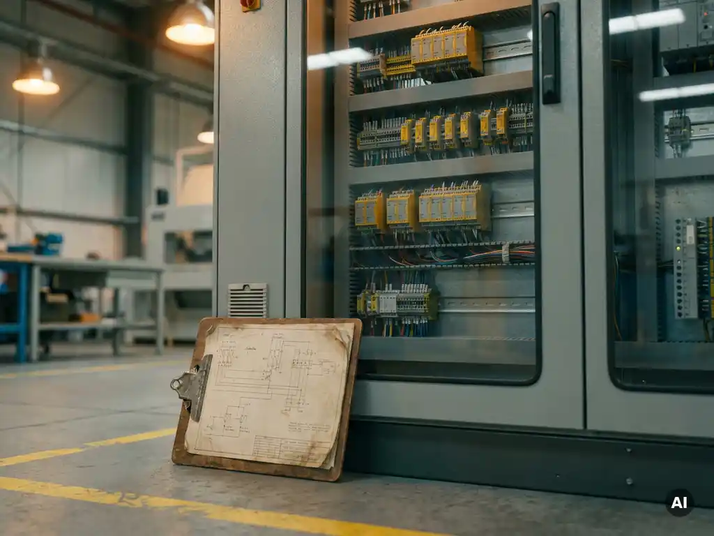 Industrieller Sicherheitsschaltschrank mit Relaismodulen, Verdrahtung und technischen Schaltplänen auf Klemmbrett in einer Fabrikhalle.