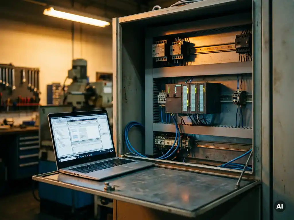 Siemens S7-300 SPS-Modul in geöffnetem Schaltschrank mit Laptop und TIA Portal Software in industrieller Fertigungsumgebung.