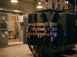 Industrietransformator mit Diagnosesensoren und Zangenamperemeter an Kupferklemmen in einem Umspannwerk.