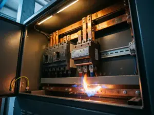 Überspannungsschutzgerät in geöffnetem Industrieschaltschrank mit Kupferschienen, Leistungsschaltern und Erdungsschienen.
