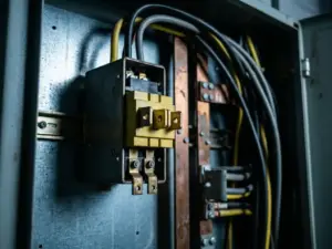 Überspannungsschutzgerät in geöffnetem Industriestromverteiler mit Kupferschienen und Kabelbündeln im Hintergrund.