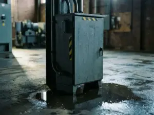 Wasserdichte Industriegehäuse aus grauem Metall auf nassem Betonboden mit Wassertropfen und Pfützenreflektion.