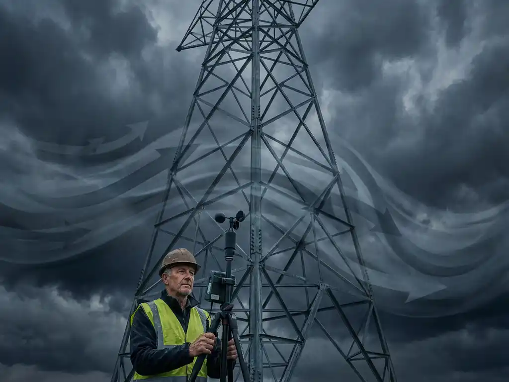 Elektrischer Übertragungsmast mit Windkraftpfeilen gegen stürmischen Himmel, Ingenieur mit Helm misst am Fuß der Stahlgitterkonstruktion