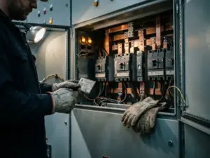 Zertifizierter Elektriker mit Genehmigungsdokument vor geöffnetem Schaltschrankgehäuse mit Kupferschienen und Leistungsschaltern.